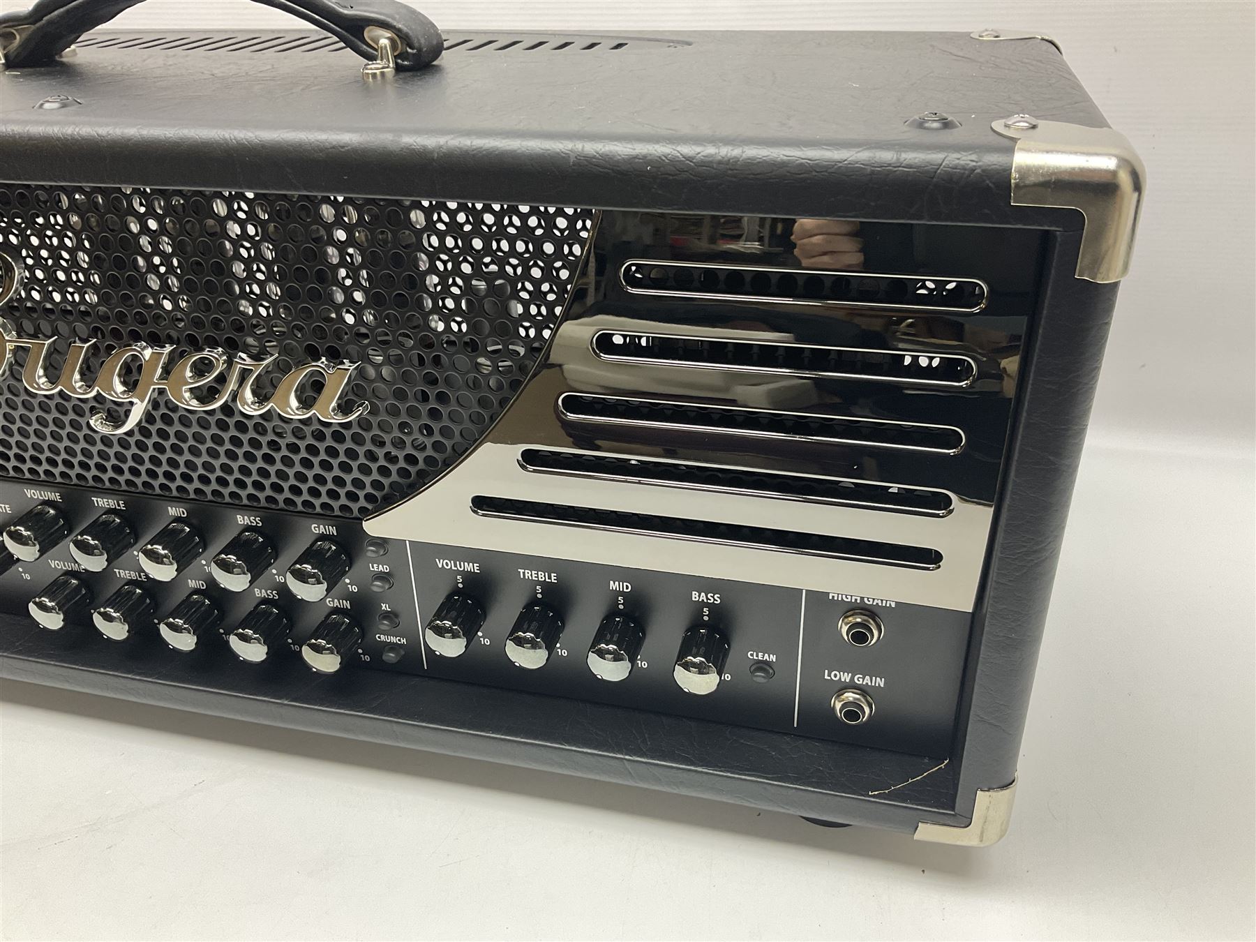As new Bugera 333XL Infinium Hardcore 120-watt 3-channel tube amplifier head with reverb and Infinium tube life multiplier; date code 1507; number S1500576AAC L69cm; boxed with foot controller, power cable and paperwork