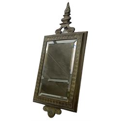 Victorian mirror, the rectangular bevelled glass plate within a bronze frame surmounted by a flaming urn representing undying memory, with Victorian registration lozenge verso, H65cm L29.5cm