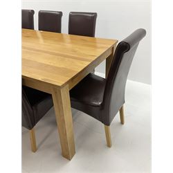 Light oak rectangular dining table, square supports (L200cm, W100cm) and eight high back chairs, upholstered in a chocolate leather, square tapering supports (W50cm)