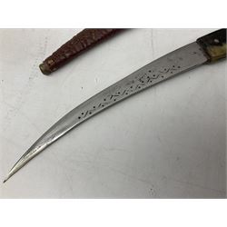 Caucasian qama or kindjal dagger, the 15cm pointed double edged blade with centre fuller and two-piece horn grip;  in nickel plated scabbard with panels of figures and script L28.5cm overall; and eastern knife with 20.5cm curving blade and decorative horn grip; in leather covered scabbard (2)