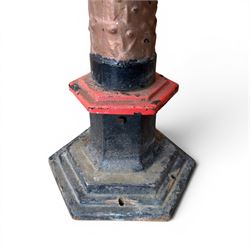 Pair of Victorian revival cast iron driveway lamp columns, painted in red, green and black