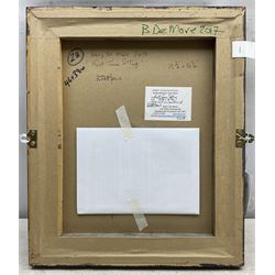 Barry De More (Northern British 1948-2023): 'First Time Sitting', oil impasto on cardboard, signed titled and dated 2017 verso 42cm x 34cm
Notes: Acclaimed as one of the North's greatest expressionist artists, Barry De More (1948-2023) used a heavy impasto style to transfer his love of Yorkshire landscapes, townscapes and people to canvas. His work sits comfortably in the company of work by Kossoff and Auerbach, selling to collectors in the UK and overseas. De More's work can be found in the permanent collection of work by Northern Artists at Dean Clough, one of the UK's largest contemporary art galleries.