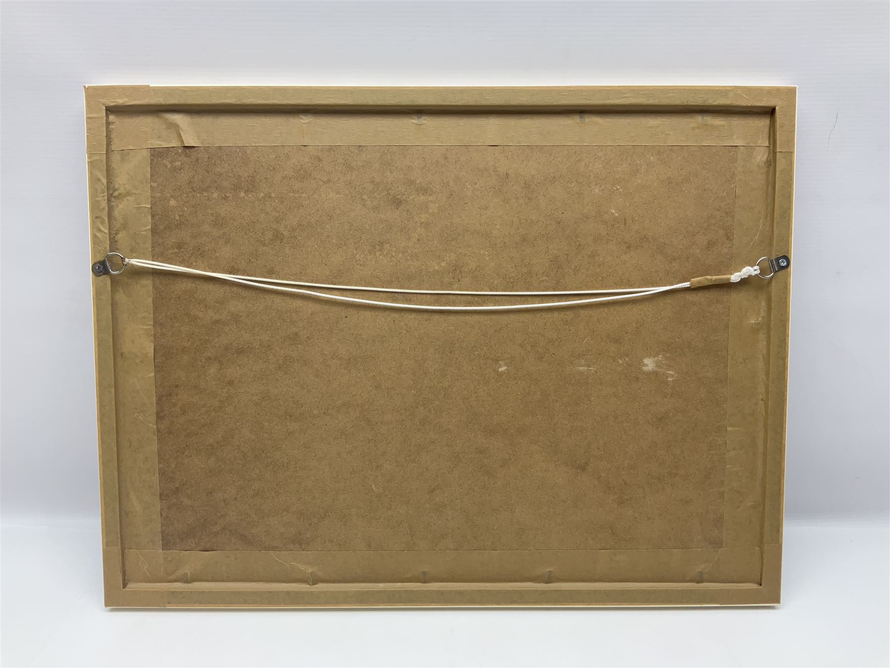 John Larder (20th century) - study of Lancaster bombers landing on a runway at dusk, oil painting on canvas board, 37 x 51cm, white frame