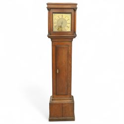 Robert Henderson of Scarborough- early 18th Century 30 hour brass dial longcase clock in an oak case, with a flat top, square hood door and attached pilasters, trunk with a long trunk door on a square plinth with applied skirting, brass dial with a matted centre and engraved Yorkshire white rose spandrels, chapter with Roman numerals, inner quarter hour track, half hour markers and single steel hand, dial pinned to a chain driven outside countwheel striking movement, striking the hours on a bell. With weight and pendulum.
Robert Henderson is the earliest recorded clockmaker in Scarborough. b1678-d1756.