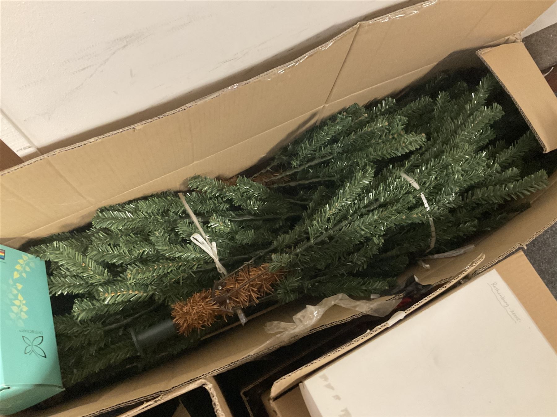 Artificial Nordic style 6ft Christmas tree, together with a large collection of baubles, small light up Christmas tree, tree skirt and other Christmas decorations, including some vintage examples