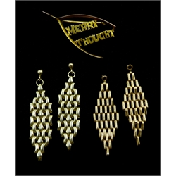 Pair of 14ct gold pendant earrings, similar pair of 9ct gold earrings and a 9ct gold 'Merry Thought' wish bone brooch, stamped or tested