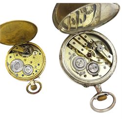 Early 20th century 14ct gold keyless lever pocket watch and Swiss silver keyless pocket watch, stamped, white dial with Roman numerals and subsidiary seconds dial, hallmarked