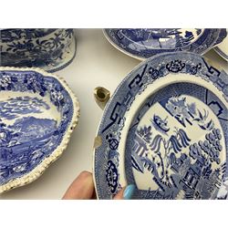 Collection of 19th century and later blue and white, to include tureen and cover with lion mask handles and finial, small Willow pattern platter, Sicilian pattern bowl, etc. 