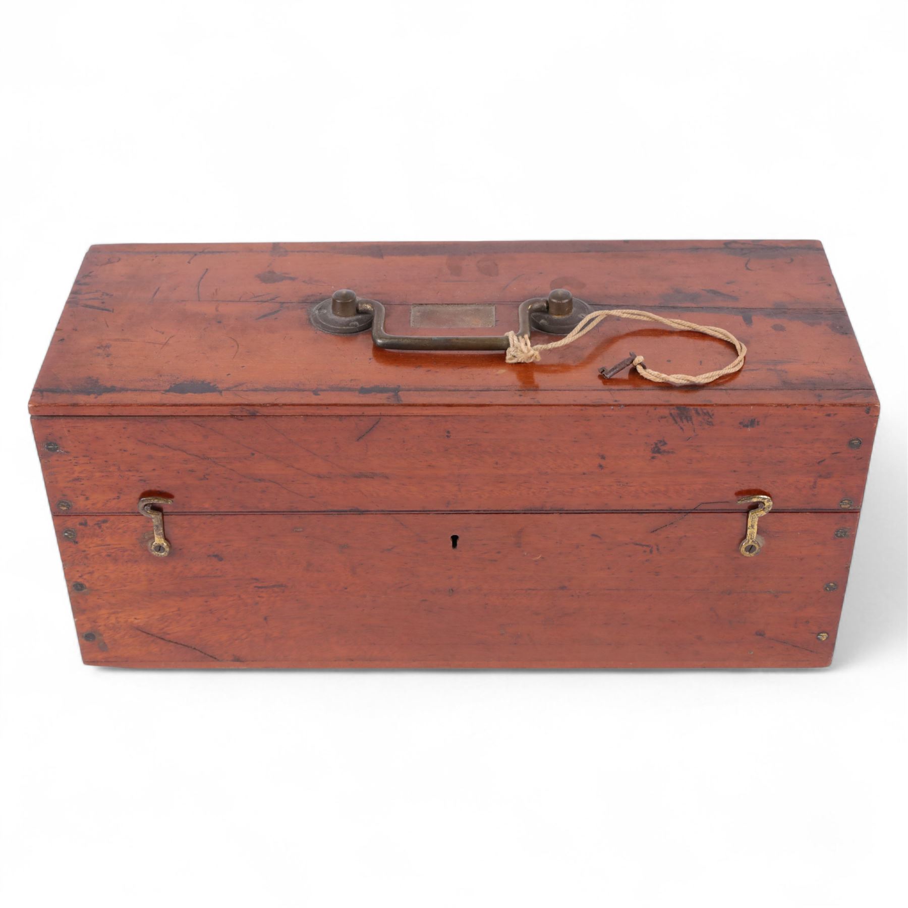 19th century brass binocular microscope by R&J Beck, London, numbered 5527, with rack and pinion focusing, with four eye pieces and three objective lenses, in wooden case