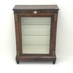 Victorian inlaid walnut pier cabinet, gilt metal moulded mounts, single glazed door enclosing three shelves, turned supports, W77cm, H108cm, D30cm  