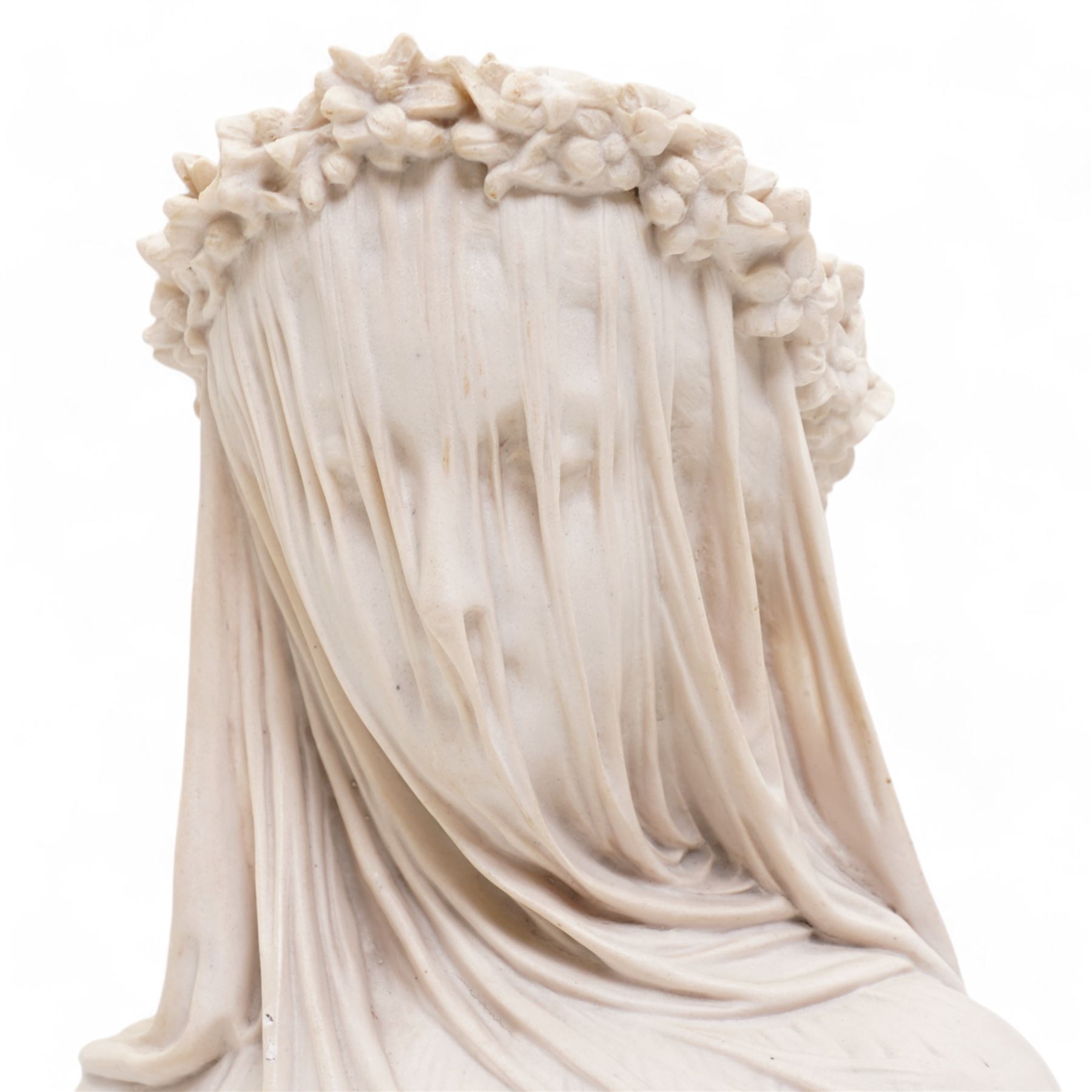 Composite marble bust, The Bride, after the Raffaele Monti, signed to underside 'A. Filli Firenze Italy', base inset with French Peter the Great 1717 medallion, H37cm