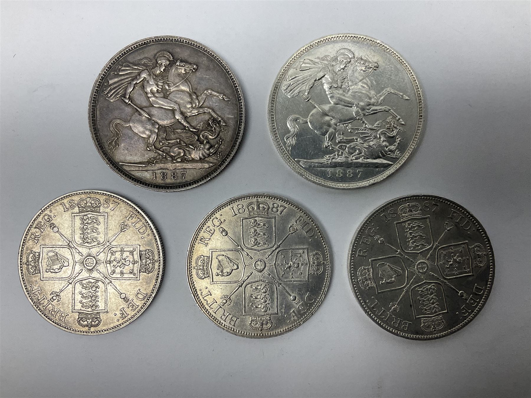 Two Queen Victoria 1887 crown coins and three 1887 double florin coins (5)