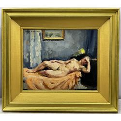 Charles Picart Le Doux (French 1881-1959): Female Nude on a Couch, oil on panel signed and dated '32, 37cm x 45cm
Provenance: inscribed verso 'a Jean Picart Le Doux', presumably a gift to his son Jean Picart Le Doux, also a well known artist.