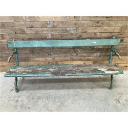 Early 20th century cast iron framed faux bois garden bench, timber seat and back rest