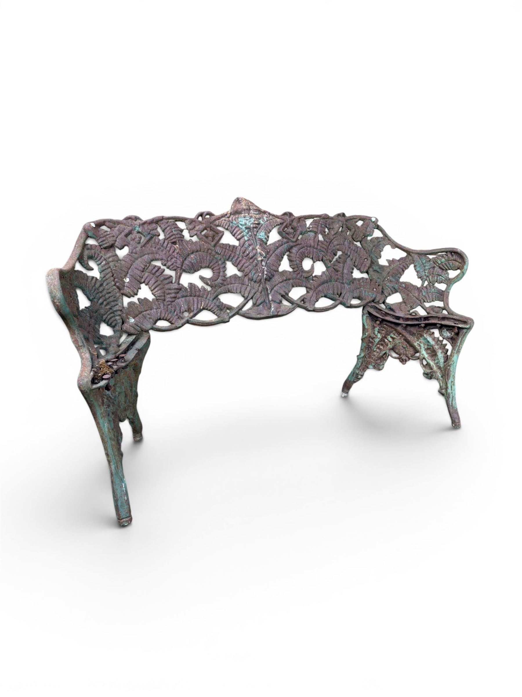 Victorian naturalistic design heavy cast iron garden bench, well defined fern pattern curved back-rest with arms, lacking seat slats for restoration