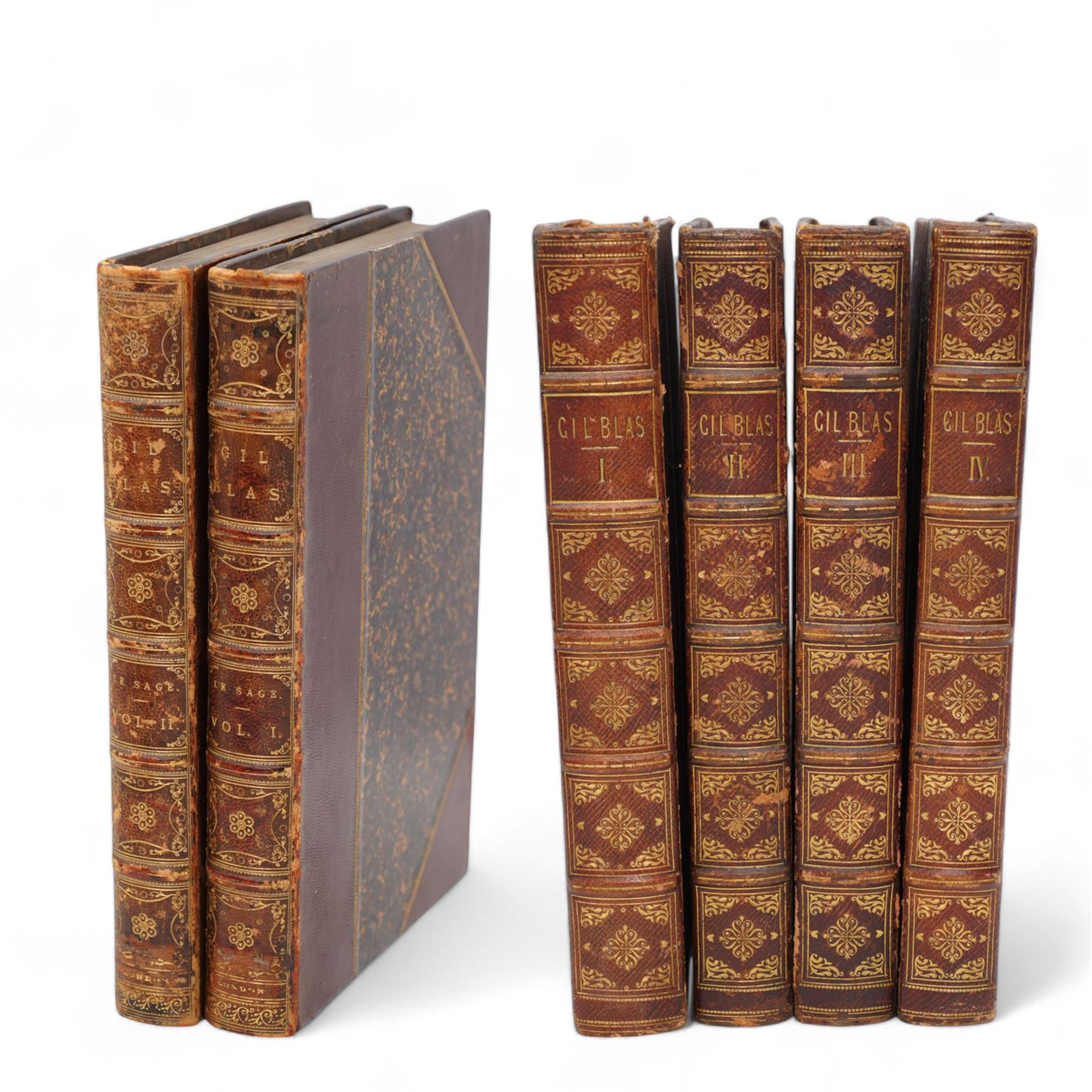 Le Sage translated by Thomas Smollett - 'The Adventures of Gil Blas' illustrated by Jean Gigoux, published J J Dubochet in two volumes 1836, half calf (2), Lesage - 'Histoire de Gil Blas de Santillane' published in French by Longman in four volumes 1809 half leather (4)