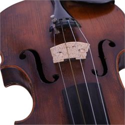 19th century violin, bearing indistinct label to interior, with single piece back, with bow contained within fitted case, violin L60cm