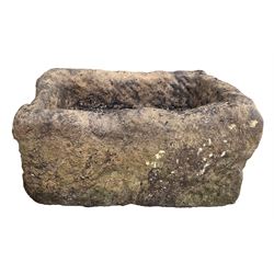 18th/19th century rough cut and hewn stone trough planter, rectangular form with shallow dugout centre 

Location: Duggleby Storage, Scarborough Business Park YO11 3TX