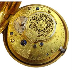 George III gilt pair cased verge fusee pocket watch by Ja Williams, London, No. 13415, round pillars, pierced and engraved balance cock decorated with a mask, white enamel dial with Arabic numerals, bull's eye glass, the outer underpainted horn case decorated with ferns and butterflies
