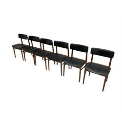 S Chrobat for Sax Mobler - set six mid-20th century Danish teak dining chairs, seat and back rail upholstered in black leatherette, raised on tapering supports