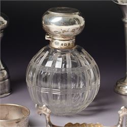 Small silver hip flask engraved with initials H9cm Sheffield 1988 Maker Hugh Crawshaw, silver pepper mill Sheffield 1975, globe scent flask with silver cover, four silver serviette rings, small silver vase and Norwegian silver salt