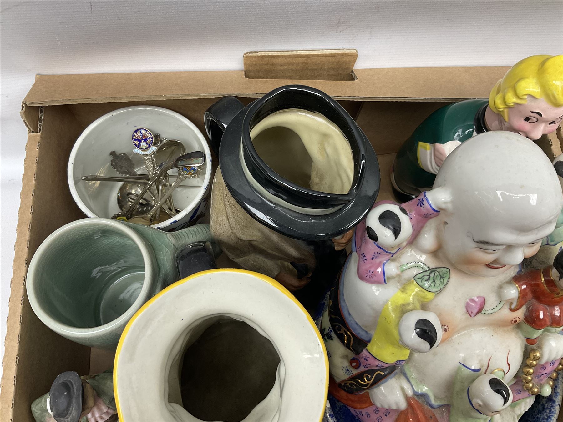 Collection of ceramics to include Royal Doulton Winston Churchill toby jug, Capodimonte style figures, novelty brandy decanter etc, in two boxes
