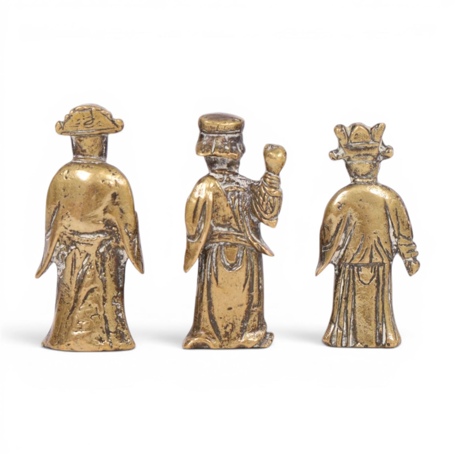 Three brass Chinese deities, Fu Lu and Shou, H4cm