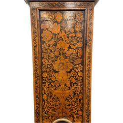 William & Mary floral marquetry 8-day longcase clock c 1700, later mid-18th century four pillar rack striking movement with a square brass dial and subsidiary seconds dial, ringed winding holes and calendar aperture to the matted dial centre, with London cherub head cast spandrels and (later) fretted steel hands, silvered Roman numeral chapter ring with stylised fleur di Lis half hour makers, narrow Arabic five-minutes, minute track and inner quarter hour track, signed Thomas Horlock, Hammersmith, 
case with box upstand to the domed floral marquetry decorated caddy with three brass flame finials, above a moulded cornice and fretwork frieze,  inlaid hood door with attached barley twist pillars to the front above an inlaid convex moulding, full length D moulded trunk door with a circular lenticle inlaid with floral and foliage panels inhabited with birds, on a conforming marquetry plinth with applied double skirting. Thomas Horlock is recorded as a Whitesmith & Clockmaker of Hammersmith, Middlesex.
A copy of Thomas Horlock's will dated the 15th June 1757 is held at The National  Archives Kew.