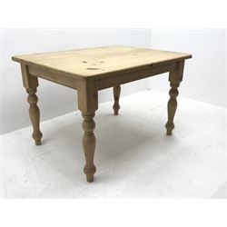 Rectangular pine farmhouse dining table, turned supports, W122cm, H78cm, D91cm