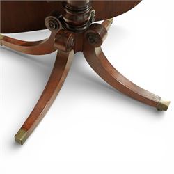 Regency figured mahogany breakfast table, figured rectangular tilt-top with rounded corners and rosewood banding, on turned column with four out-splayed supports with brass cups and castors 