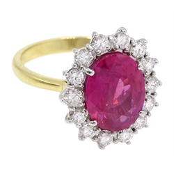 18ct gold pink sapphire and diamond cluster ring, hallmarked, sapphire approx 3.10 carat