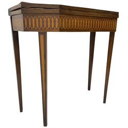 19th century inlaid mahogany card table, rectangular fold-over top with canted front corners, decorated with banded and strung edge with central inlaid fan motif, frieze decorated with geometric inlay, over a single action gate-leg base with square tapering supports