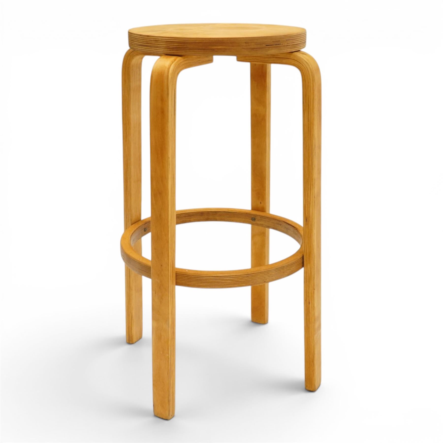Mid 20th century bentwood stool in the manner of Alvar Aalto, circular top with bentwood frame, united by a circular stretcher 