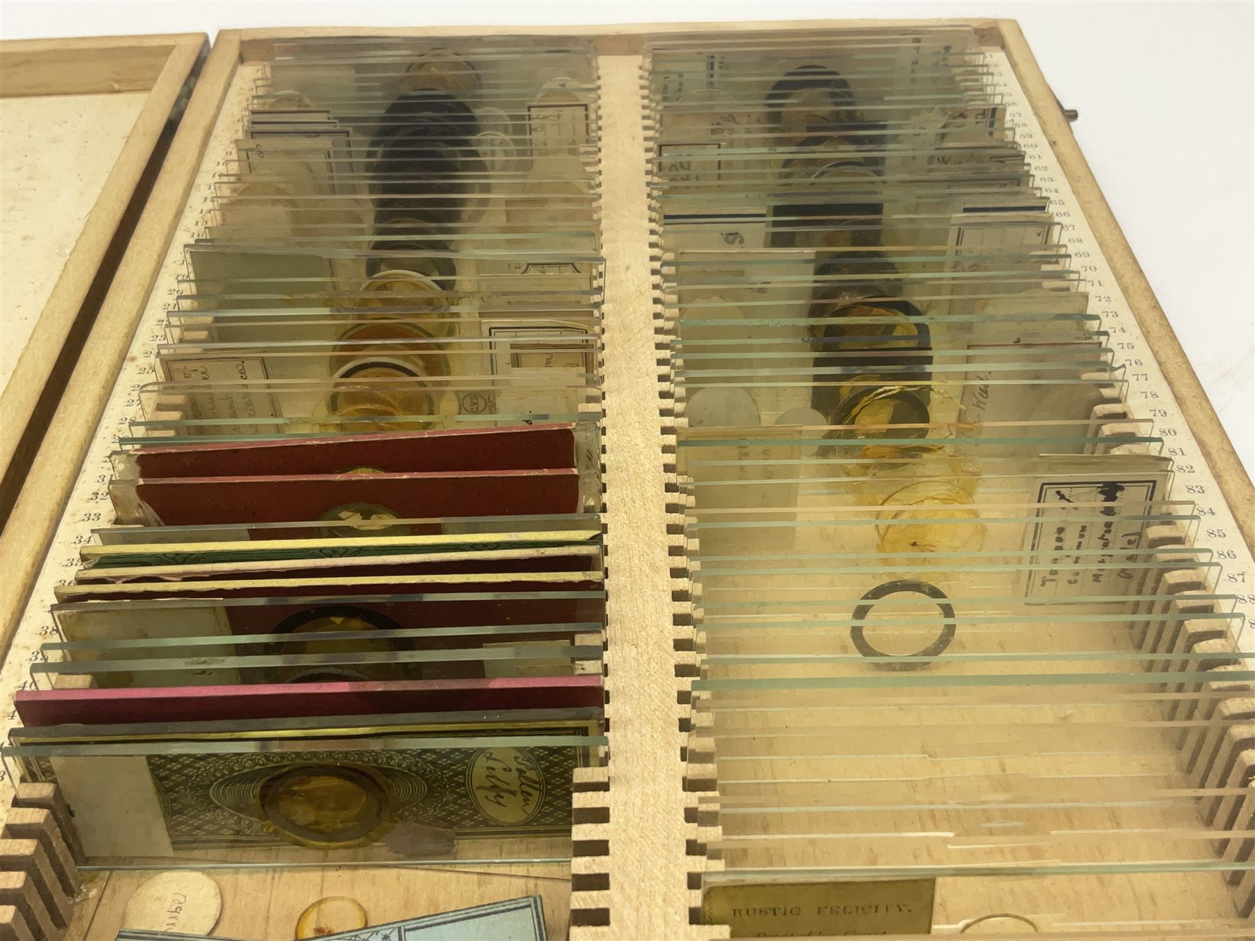 R & J Beck London microscope, model 7597, contained in fitted case, together with a boxed collection of glass microscope biological sample slides