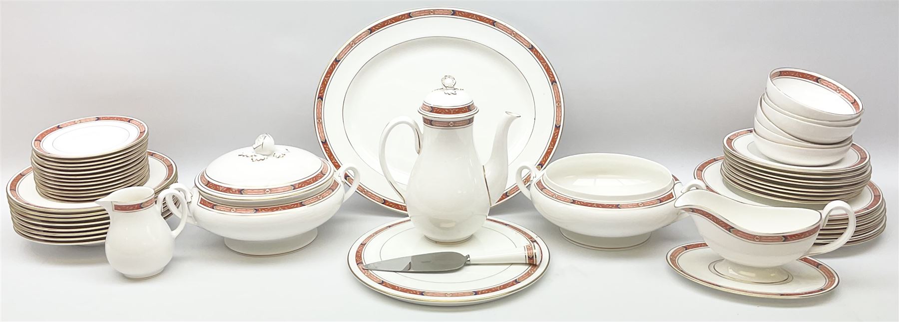 Royal Worcester Beaufort pattern tea and dinner wares, including seven dinner plates, eight side plates, thirteen dessert plates, six bowls, eight soup bowls, sauce boat on stand, cake plate, covered tureen, coffee pot, milk jug etc (51) 
