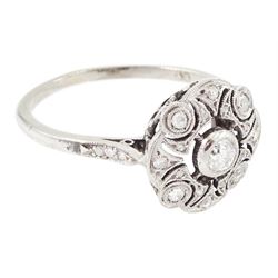 Art Deco French 18ct white gold diamond ring, the principal old cut diamond of approx 0.10 carat, surrounded by single and rose cut diamonds, in a milgrain pierced design setting, with diamond set shoulders, Eagle hallmark