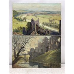Arthur Tunstall (British mid/late 20th century): 'Goodrich Castle on the River Wye' and a companion Castle view,  pair oils on canvas the first signed with initials and titled verso on artist's studio label dated 1971, 40cm x 61cm (2) unframed