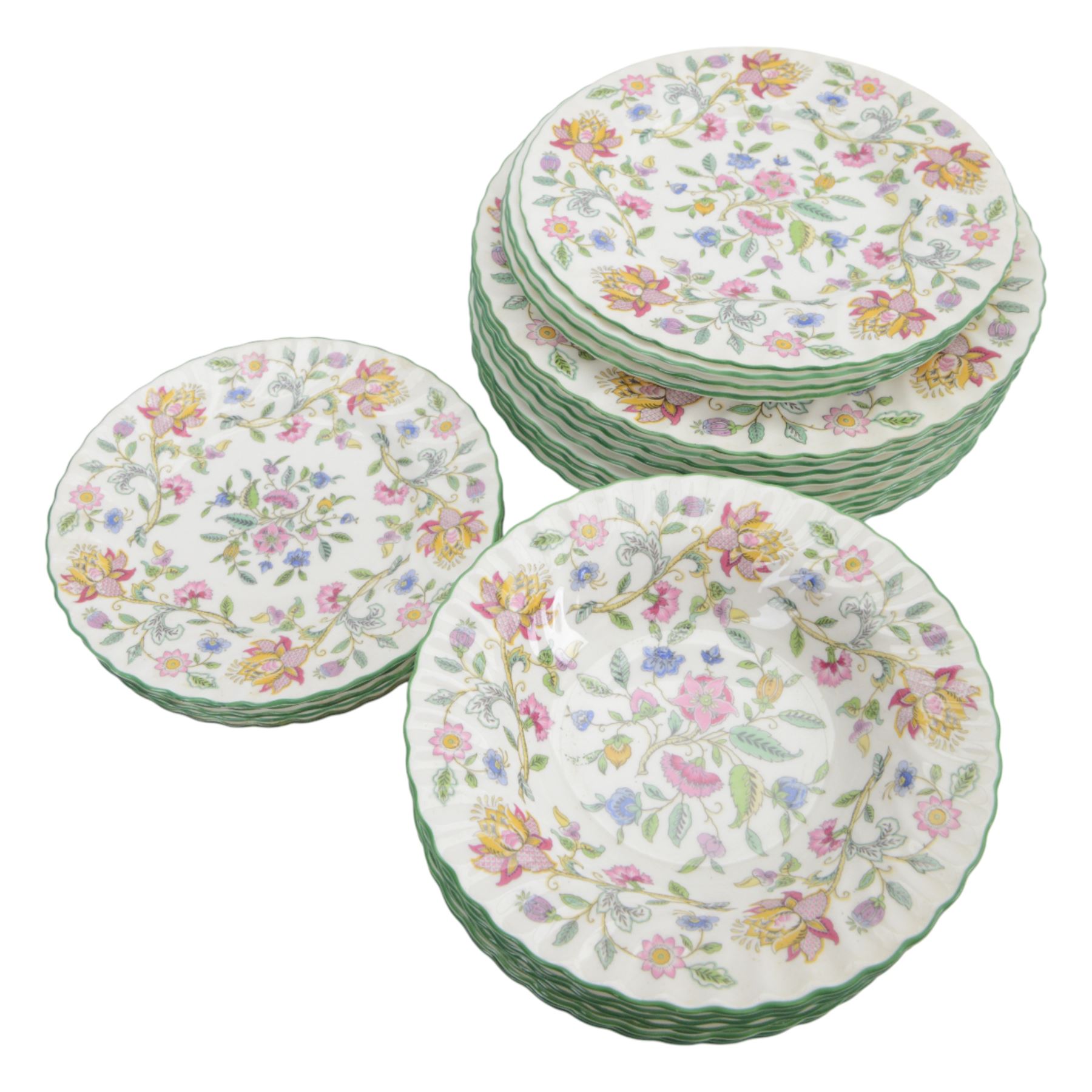 Minton Haddon Hall part dinner service, including teapot, nine dinner plates, nine soup bowls, two serving dishes, sauce boat and saucer etc in two boxes 