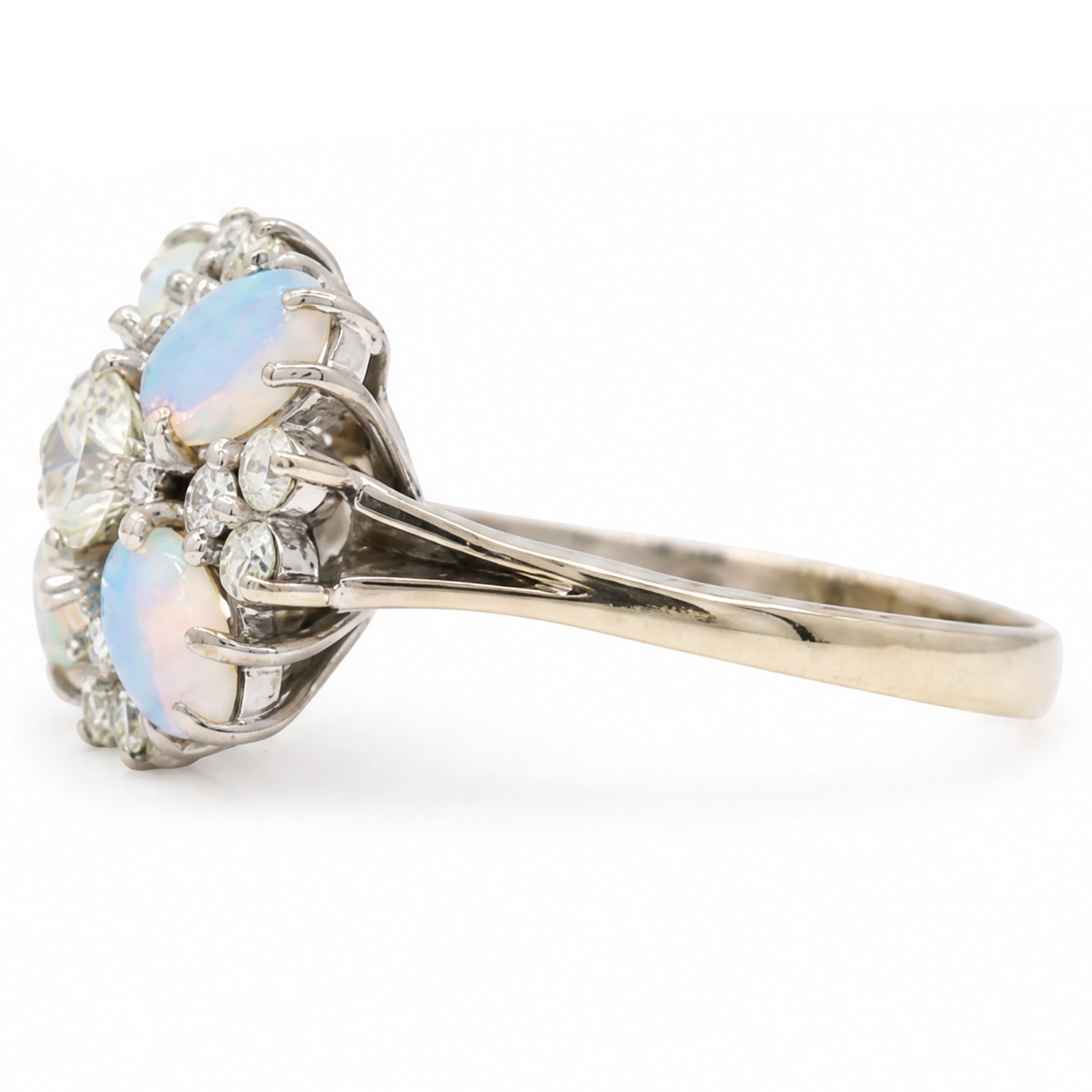 18ct white gold opal and diamond flower head cluster ring, single round brilliant cut diamond of approx 0.45 carat, surrounded by four oval cabochon cut opals and twelve diamonds, total diamond weight approx 0.80 carat