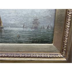 William Adolphus Knell (British 1801-1875): Shipping at Sunrise and Sunset, pair oils on canvas signed 13cm x 26cm (2)