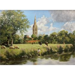 Stephen Park (British 1962-): Salisbury Cathedral from the River, oil on canvas signed 45cm x 60cm