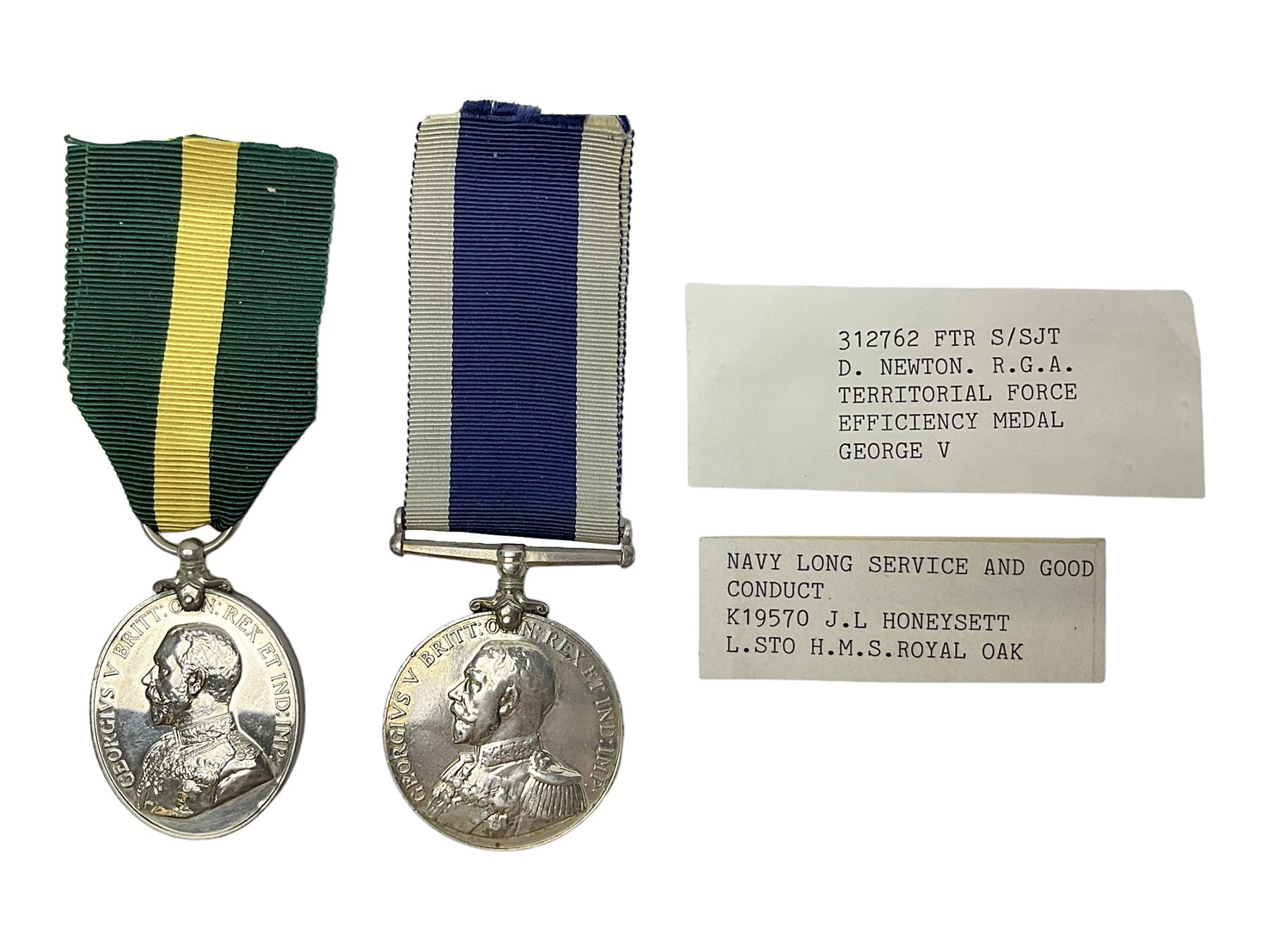 George V Naval Long Service and Good Conduct Medal awarded to K19570 J.L. Honeysett L. Sto. H.M.S. Royal Oak; and George V Territorial Force Efficiency Medal awarded to 312762 Ftr. S/Sjt. D. Newton R.G.A.; both with ribbons (2)