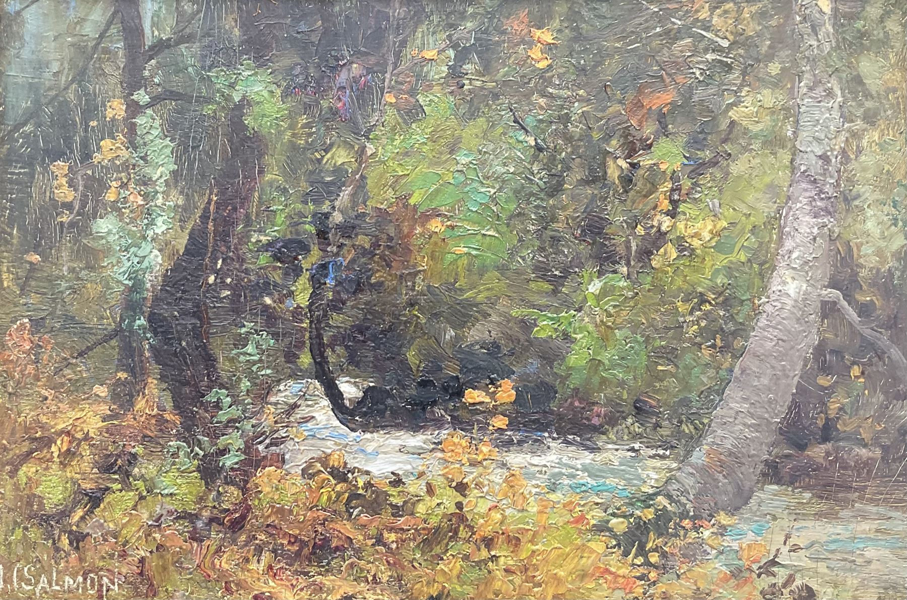 John Cuthbert Salmon (British 1844-1917): A Forest Glade, impasto oil on board signed 15cm x 23cm