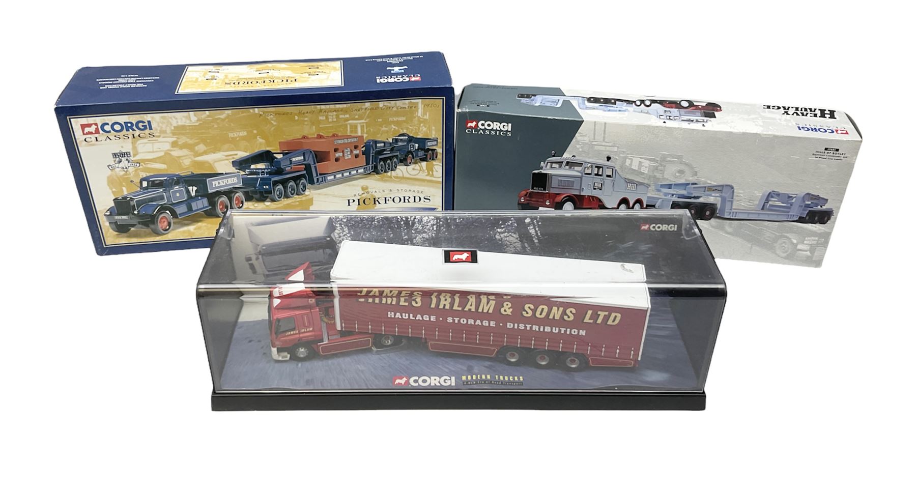 Corgi - Modern Trucks Series No.75401 Leyland Daf Curtainside James Irlam & Sons Ltd in perspex case; Classics Heavy Haulage No.17601 Scammell Constructor and 24 wheel low loader, boxed with certificate 01254/6800; and limited edition Classics No.55201 Pickfords Diamond T Ballast (x2) with 24 wheel Girder Trailer and Steel Casting Load, boxed with certificate 05318/8200. (3)