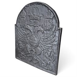 Early 20th century cast iron fireback, after an 18th century Flemish original, the arched ...