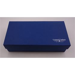 Modern silver Chester pattern flatware for six place settings, comprising table knives, table forks, dessert knives, dessert forks, dessert spoons, soup spoons, teaspoons and two serving spoons, hallmarked United Cutlers Ltd, Sheffield 1998
