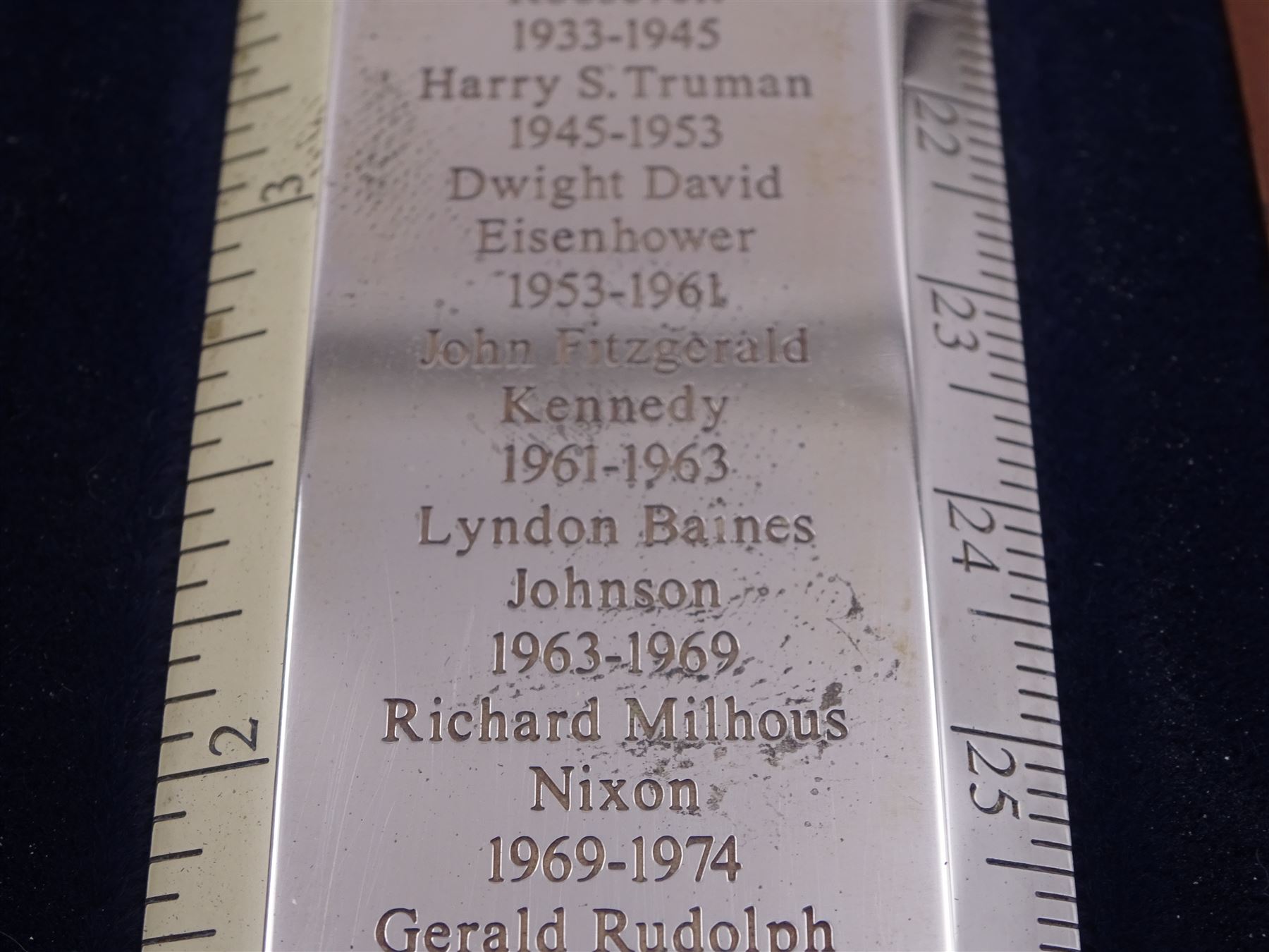 Modern silver 'Presidents Rule' ruler, by Richard Jarvis of Pall Mall, engraved with the names and dates of American Presidents from 1789 to 2001,  hallmarked Richard Jarvis, London 2004, L33.5cm, within silk and velvet lined fitted case
