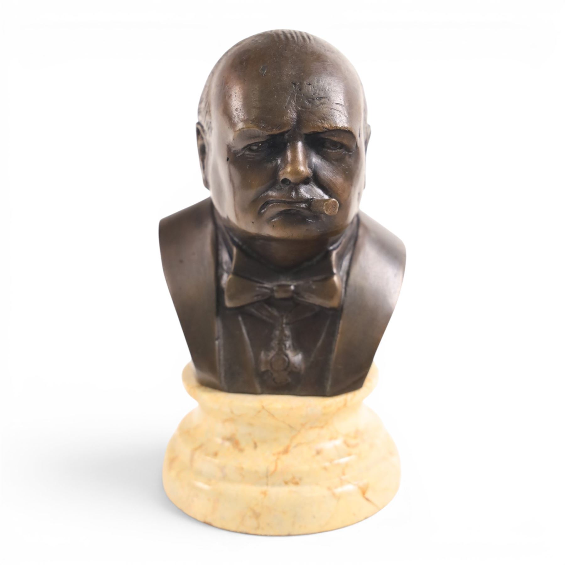 Churchill bust on stepped circular base, together with Napoleon bust after Masson, largest H23cm
