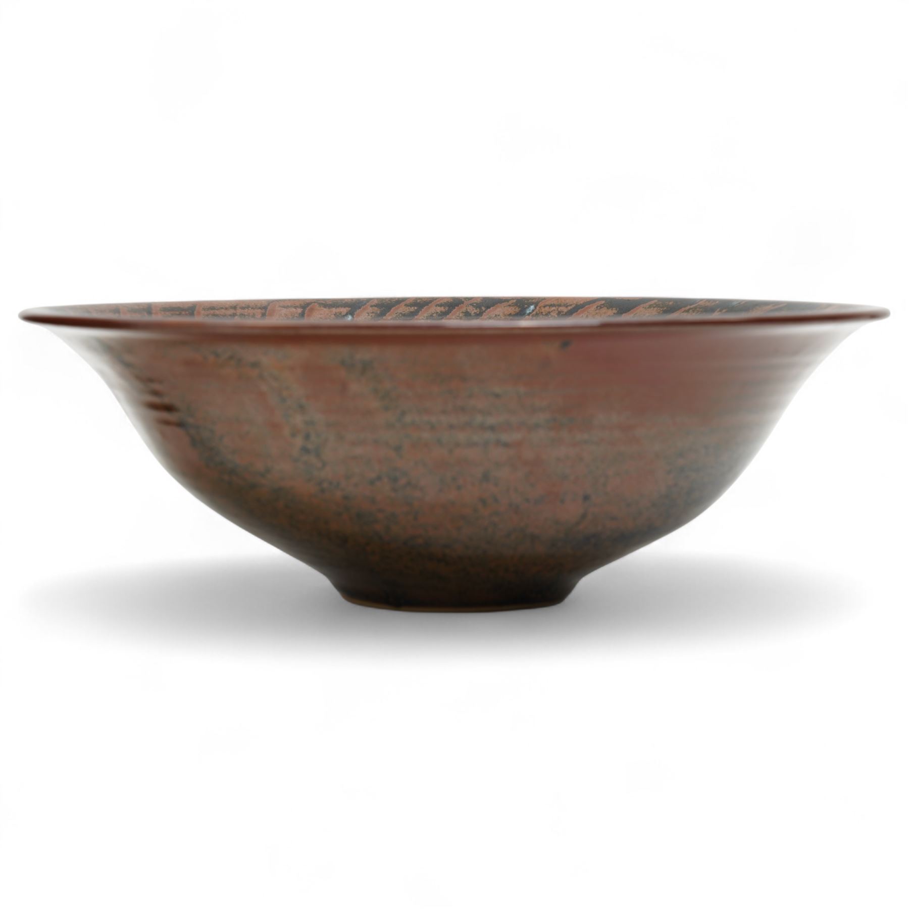 Andrew Crouch (British 1955); large studio pottery bowl and similarly patterned planter, in shades of black and brown, planter H22cm bowl D37c m (2)