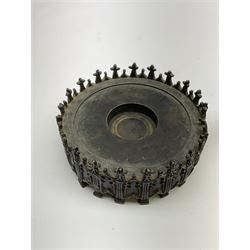 A 19th century bronze inkwell stand and cover, the gothic style base with central recess supporting a half spherical cover surmounted by a figure modelled as Napoleon with eagle, overall approximately H13cm. 